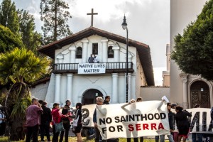 Demonstration at Mission Dolores Opposes Sainthood for Junipero Serra, May 2, 2015